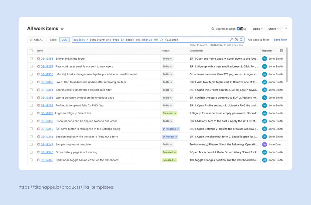 [1] - [Jira JQL Filter for Finding Open Bugs]