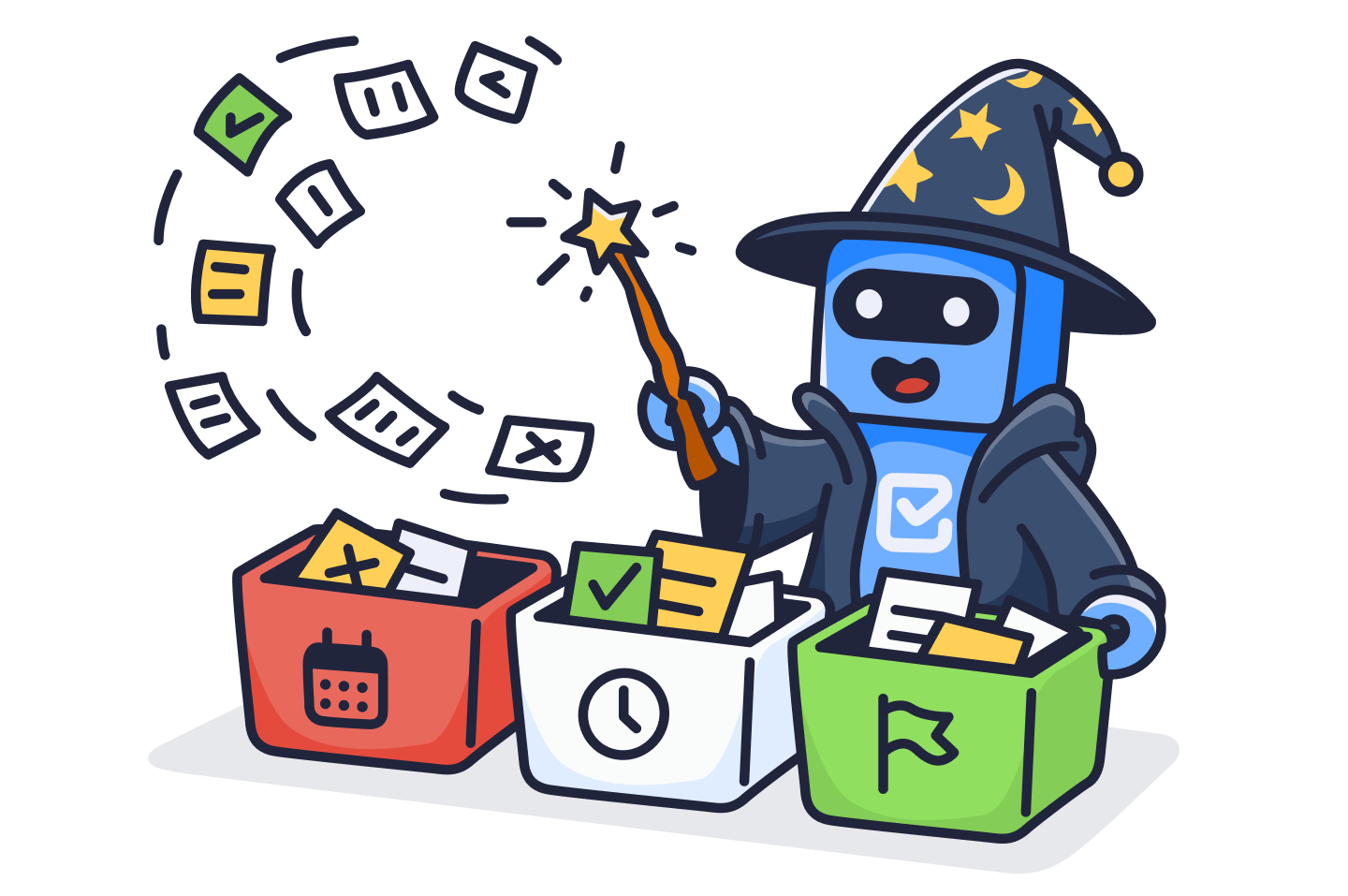 A robot wizard waves a wand to sort work item cards into three bins, an illustration of Jira filters at work.