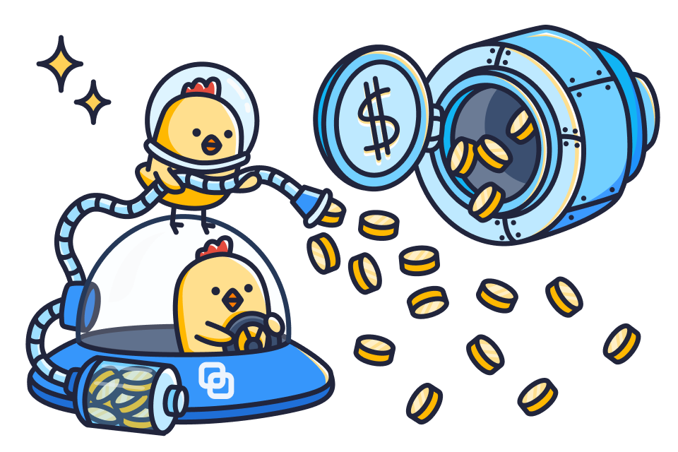 Jira budget tracking illustration: cartoon chicks in a Smart Templates spaceship collect coins from an open vault