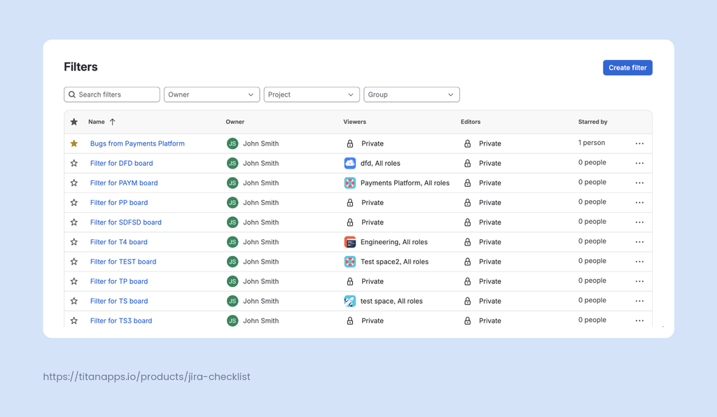 Jira filters list under View all filters, showing each saved filter's owner, viewers, editors, and stars