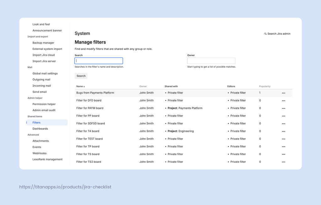 Manage filters page in Jira admin settings under Shared items, listing private and shared filters by owner