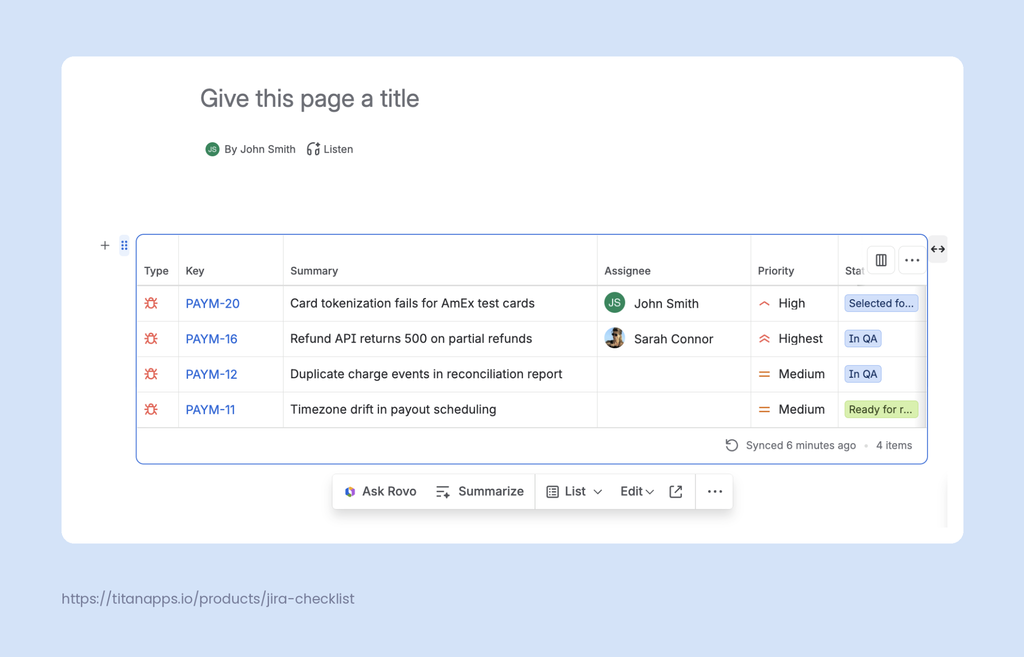 Confluence Jira filter results shown as a live list of work items on a Confluence page