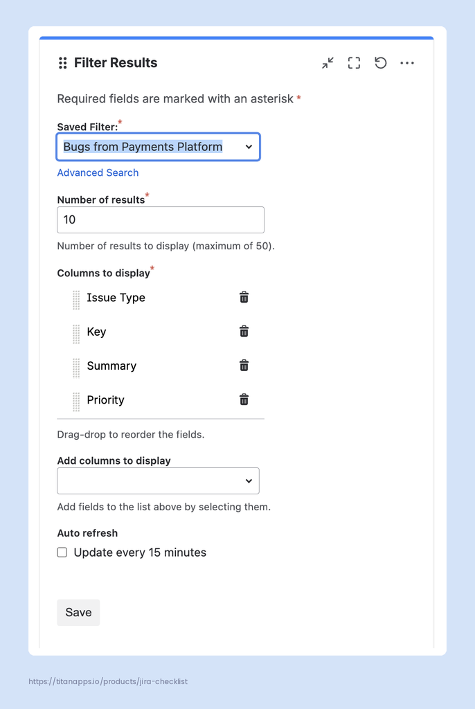 Filter Results gadget settings with a saved filter as the source, a step in creating a Jira dashboard with filters